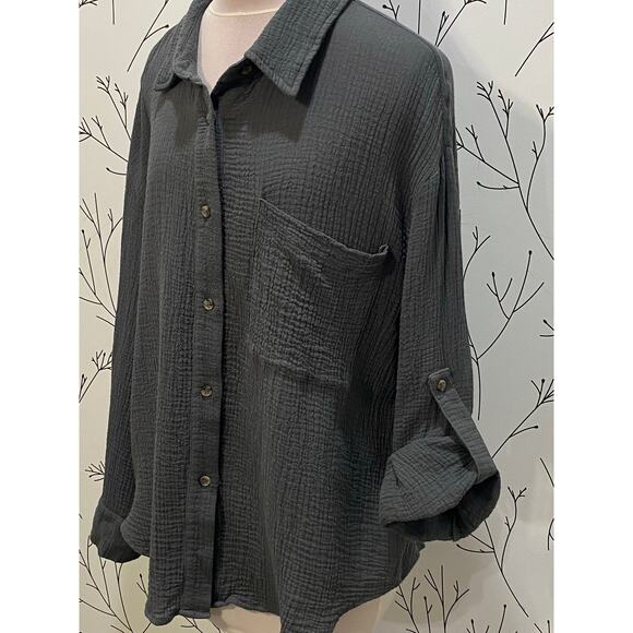 REVEROF Dark Gray Crinkle Gauze Collared Button Up LARGE 100% Cotton Minimalist - Picture 3 of 6